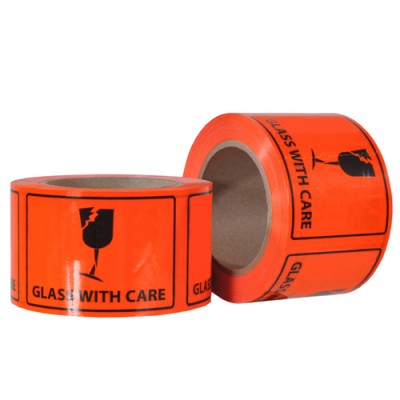 Label - Orange/Black Glass with Care 75mmx96mm  500/Roll