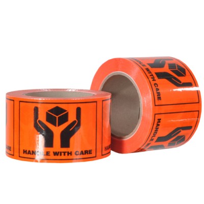Label - Handle With Care   Orange/Black 75mmx96mm 500/Roll
